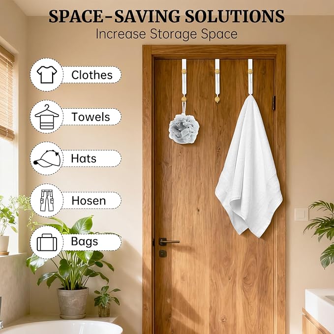 6 PCS Over The Door Hooks,Door Hooks for Hanging Towels,Clothes,Hats,Bags,Back of Door Towel Hanger with Non-Slip Pads,Fits Doors 0.7-1.5" for Bathroom,Bedroom,Closet(White)
