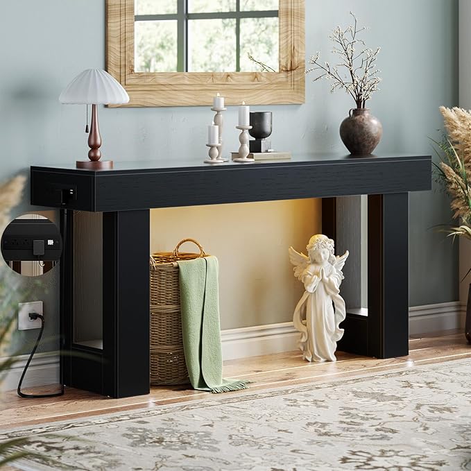 Unikito 63'' Farmhouse Console Table with Power Outlets and Sensor Light, Wooden Entryway Table with Storage, Rectangular Sofa Tables Behind The Couch for Entrance, Hallway, Living Room, Black