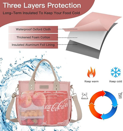 EASYA Large Women Lunch Bags for Work/Insulated Adult Lunch Box for Women/Durable Nylon Thermal Lunchbox for Womens/Leakproof Cooler Tote Bag with Storage Pocket (Shimmering blush pink Cotton Strap)