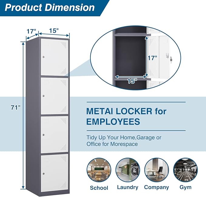 Metal Locker Cabinet with 4 Doors, 71" Storage for Employees, 4 Tier Steel Locker with Lock and Keys for School, Gym, Home, Office Staff (Grey White)