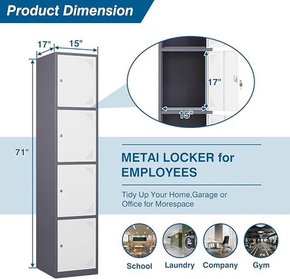 Metal Locker Cabinet with 4 Doors, 71" Storage for Employees, 4 Tier Steel Locker with Lock and Keys for School, Gym, Home, Office Staff (Grey White)
