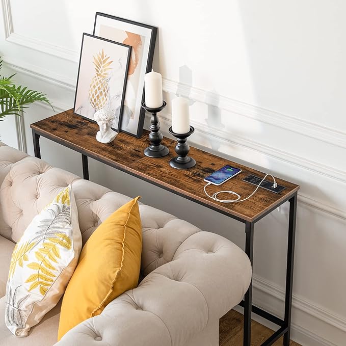 HOOBRO 47.2" Console Table with Power Outlets and USB Ports, Sofa Narrow Entryway Table with Charging Station, Behind Couch Table, Hallway, Foyer, Living Room, Bedroom, Rustic Brown BF301XG01G1
