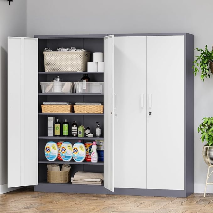 MIIIKO Storage Cabinet with Locking Doors, 72" Tall Metal Cabinet with 5 Adjustable Shelves, 36" Wide Steel Cabinets for Home Office, Garage, Pantry, Workshop…