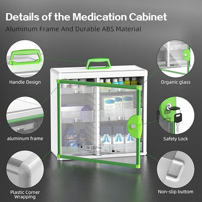 Glosen Medicine Cabinet with Key Wall Mounted Medication Lock Box 【 Green 15x 6.7 x 13 Inch】 Portable Storage Container Big Capacity