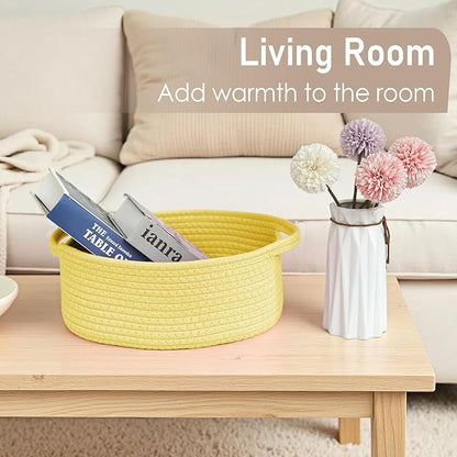 Woven Basket,Small Rope Storage Bin with Handles & Ribbon Bag, Organizer for Shelves Closets,Gift Basket Empty for Birthday,Books,Dog Toys, Yellow/3 Pack