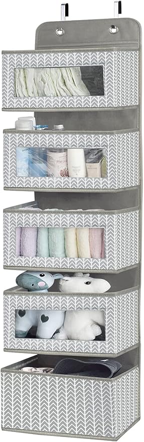 Over The Door Hanging Organizer with 5 Large Pockets - Wall Mount Pantry Storage with Clear PVC Window & 2 Big Metal Hooks for Closet,Bathroom,Nursery,Bedroom,Dorm,Baby Diapers,Kids Toys (Gray)