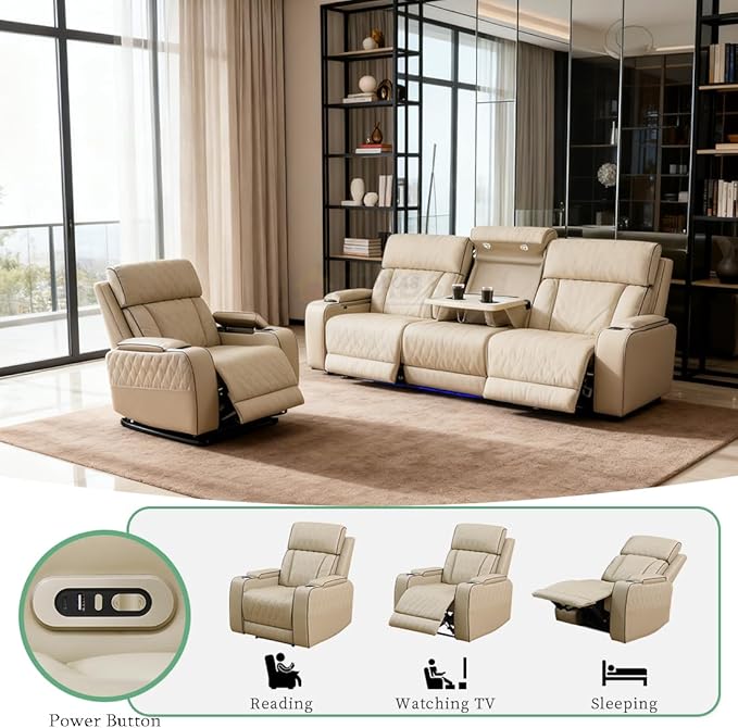 Power Reclining Sofa Set, Beige Breathing Leather Sectional, Living Room Furniture Sets 2PCS Power Recliner Sofa and Chair with Cup Holder/LED Light/USB Port for Living Room, Apartment, Office
