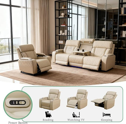 Power Reclining Sofa Set, Beige Breathing Leather Sectional, Living Room Furniture Sets 2PCS Power Recliner Sofa and Chair with Cup Holder/LED Light/USB Port for Living Room, Apartment, Office