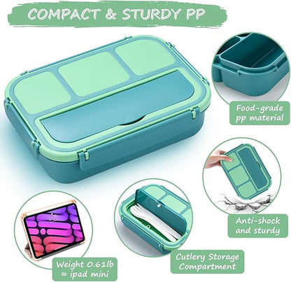 QQKO Bento Box for Kids Adults, School Toddler Lunch Box for Boys Girls, Lunch Box Containers with 4 Compartments, Sauce Container, Utensils, Food Picks and Muffin Cups for School, Green