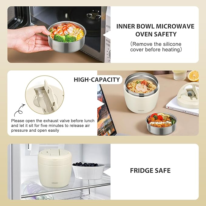 Thermo Food Jar for Hot Food Adults 32OZ Soup Thermo Lunch Containers Wide Mouth Vacuum Insulated Stainless Steel Leakproof Bento Box with Spoon (Beige)