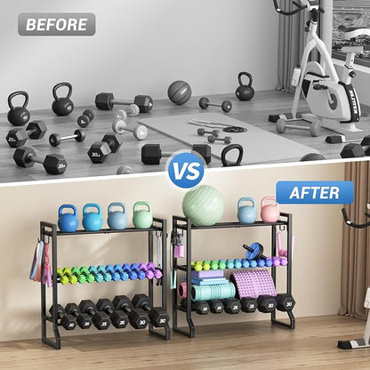 VOPEAK 3-Tier Adjustable Dumbbell Rack, 31-Inch Weight Rack for Home Gym with 4 Hooks, Home Gym Storage for Kettlebells, Space-Saving Dumbbell Stand - 400LB Capacity (Rack Only)