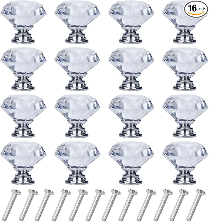YourGift 16 Pack Drawer Knobs Diamond Shaped Crystal Glass 30mm Cabinet Knobs Pull Handles (Silver)