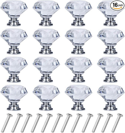 YourGift 16 Pack Drawer Knobs Diamond Shaped Crystal Glass 30mm Cabinet Knobs Pull Handles (Silver)