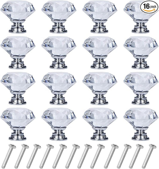 YourGift 16 Pack Drawer Knobs Diamond Shaped Crystal Glass 30mm Cabinet Knobs Pull Handles (Silver)