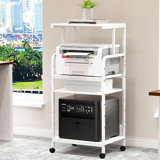 4-Tier Printer Stand with Storage Shelf, Mobile Printer Table for Home Office, Adjustable Stand for Printer, Scanner, Fax (White)