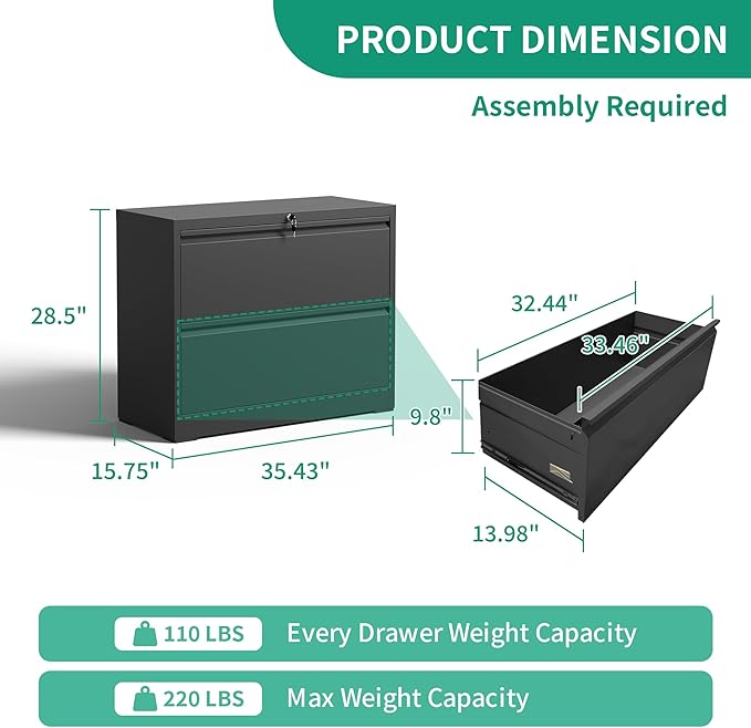 Lateral File Cabinets 2 Drawer,Metal Lateral Filing Cabinet for Home Office,Wide Steel Storage Cabinet Commercial Drawer for Legal/Letter/A4 Size Files Assembly Required