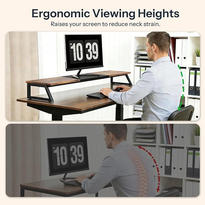 HOOBRO Dual Monitor Stand Riser, 39 Inch Large Computer Monitor Stand for 2 Monitors, Computer Monitor Riser, Desk Shelf Organizer for Office Desk, Accessories, Rustic Brown and Black BF121CJ01