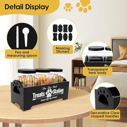 Dog Treat Container for Countertop Dog Food Storage with 3 Plastic Treat Jars Wood Dog Food Container with Handles and Lids Farmhouse Practical Pet Cat Dog Treat Storage Containers (black)