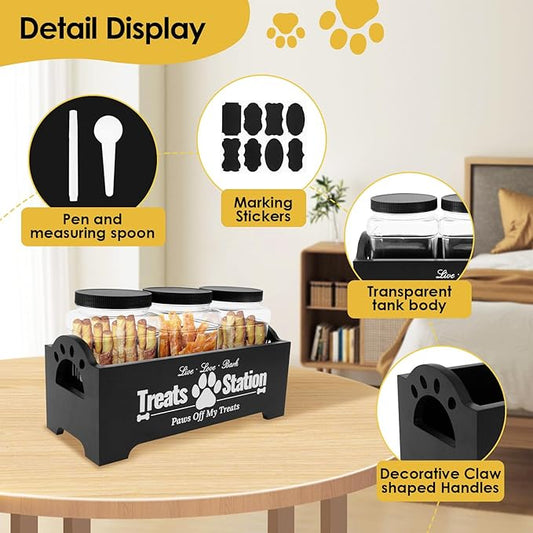Dog Treat Container for Countertop Dog Food Storage with 3 Plastic Treat Jars Wood Dog Food Container with Handles and Lids Farmhouse Practical Pet Cat Dog Treat Storage Containers (black)