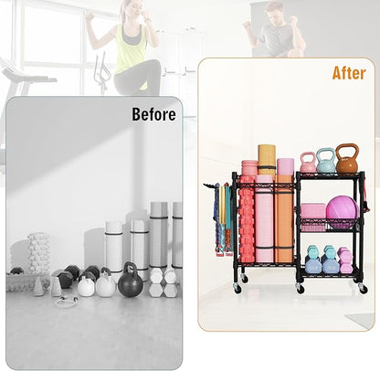 FUTASSI Home Gym Storage, 3 Tiers Workout Equipment Organizer with Wheels for Yoga Mats, Foam Roller, Dumbbells, Kettlebells, and Resistance Bands