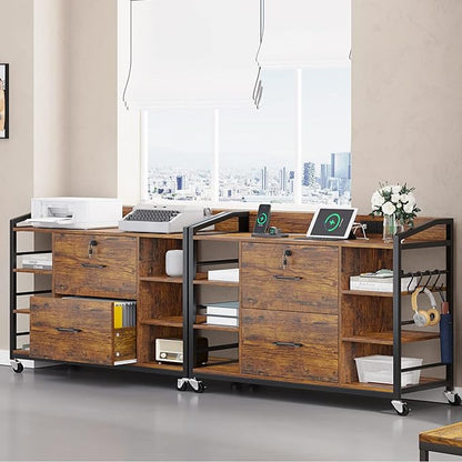 SEDETA 44" File Cabinet, Filing Cabinet fits Legal/Letter Size, 2 Drawer File Cabinets for Home Office with Lock, Power Strip, 6 Storage Shelves, Rustic Brown