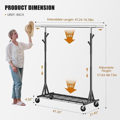 Garment Rack Load 530lbs,Heavy Duty Rolling Clothes Rack With Sturdy Wheel And Shelves, Adjustable Portable Hanging Rack For Clothes, Chrome Stainless Steel, Black