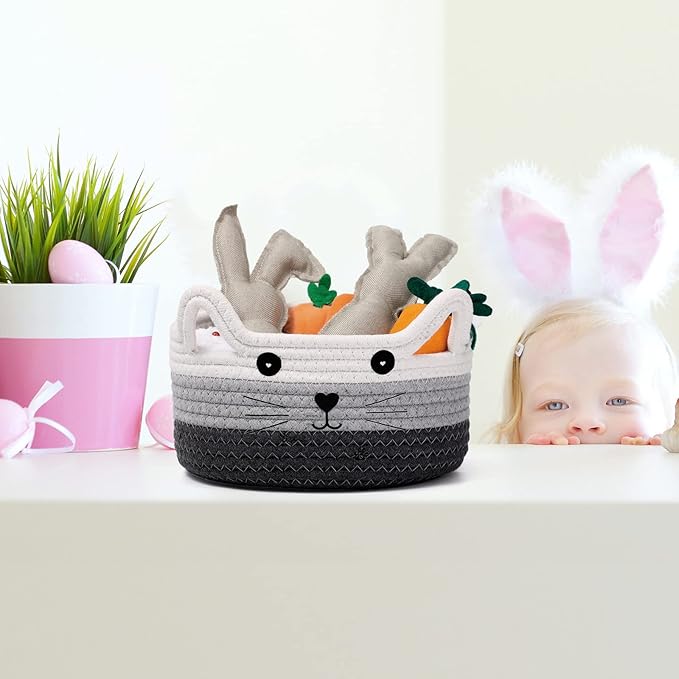 Zopeal Cat Basket Storage Woven Organizer with Ears Easter Decorative Gift Pet Toy Cute Cotton Rope Basket for Gift Cat Dog Toy Bin Nursery Room(8.3 x 4.7 Inch,White, Light Gray and Gray)