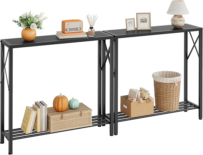 Tajsoon 2 Pack Console Table, 2 Tier Small Hallway Table, Narrow Sofa Table for Entryway with Open Shelves for Living Room, Hallway, Foyer, Office, Black