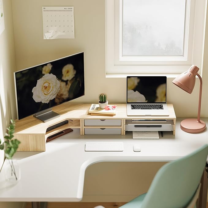 Fenge Dual Monitor Stand, Corner Monitor shelf with Drawer and Slide-Out Tray, 2 Tier Triangle Monitor Riser with Storage, Desk Shelf Organizer for Desk, Home Office, Computer, Laptop, Printer