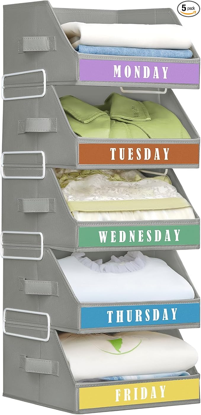 Closet Organizers and Storage - 5 Tier Shelf Organizer with Weekly Labels, Stackable Storage Bins with Metal Frame, Foldable Cube Bins, Home Baskets for Kids and Adults, Grey