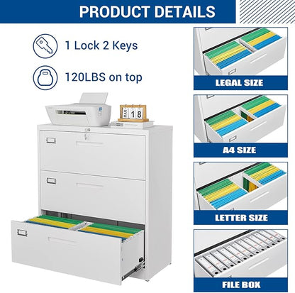 Lateral File Cabinet with Lock, 3 Drawer Large Metal Filing Cabinet,Home Office Lockable Storage Cabinet for Hanging Files Letter/Legal/F4/A4 Size-Assembly Required