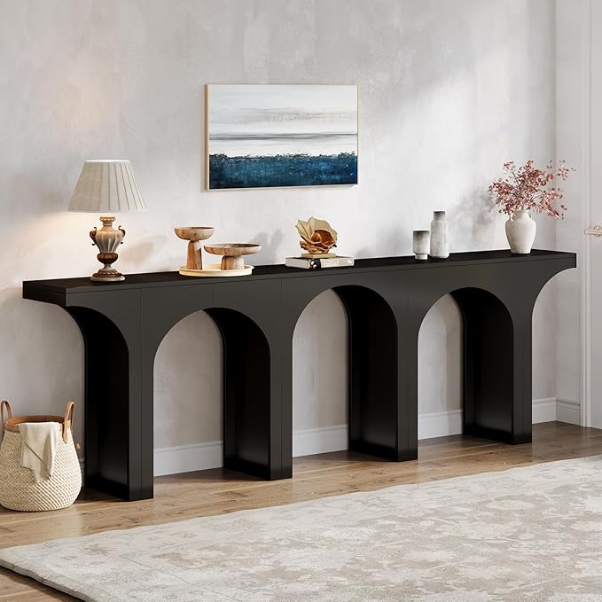 Tribesigns Black Console Table, 94-Inch Entryway Console Table, Wood Sofa Table Behind Couch with Arched Base, Narrow Hallway Table, Modern Foyer Accent Table for Entrance Living Room (Set of 2)