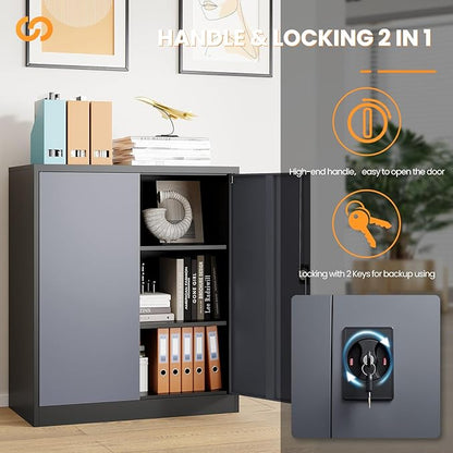 Metal Garage Storage Cabinets with Lock, 36" Tall Tool Cabinet with 2 Door and 2 Adjustable Shelves, Locking Garage Cabinets and Lockable Steel Locker for Home Office Warehouse-(Black Gray-36”H)