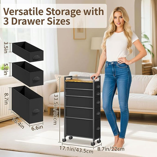 LASZOLA 5 Drawer Narrow Dresser Slim Cabinet Skinny Storage Tower Chest, Ideal for Small Spaces Bathroom Bedroom, Between Washer and Dryer, Lightweight Mobile on Wheels, Sturdy Fabric Drawers, Black