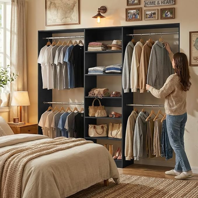 Homieasy Closet Organizer System, 4.5-10ft Modular Wooden Storage with 5 Hanging Rods & Shelving Tower, Adjustable for Walk-in Reach-in Bedroom Closets, Black