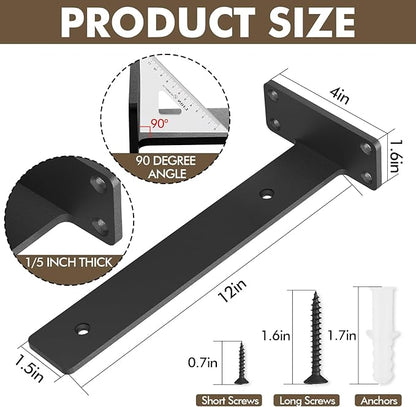 Heavy Duty Shelf Bracket 4 Pack, Floating Shelf Brackets 12 inch Long, Brackets for Shelves, Black Coated Metal Wall Shelf Support Brackets（1/5"-Thick）