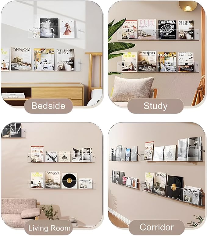 2-Pack Acrylic Magazine Holder Vinyl Records Holder, Display Floating Bookshelves Wall Mounted, Nursery Book Shelves Wall Decor Hanging Magazine Holder for Waiting Room, Living Room, Office