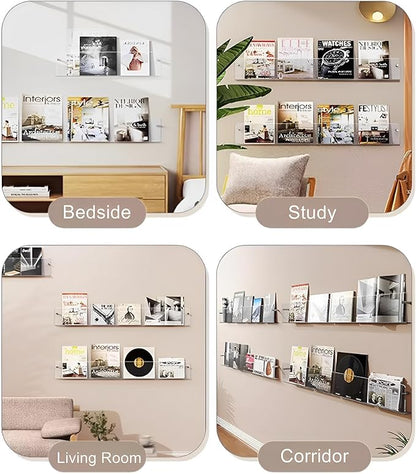 4-Pack 17" Acrylic Magazine Holder Vinyl Records Holder, Display Floating Bookshelves Wall Mounted, Hanging Nursery Book Shelves for Waiting Room, Living Room, Office