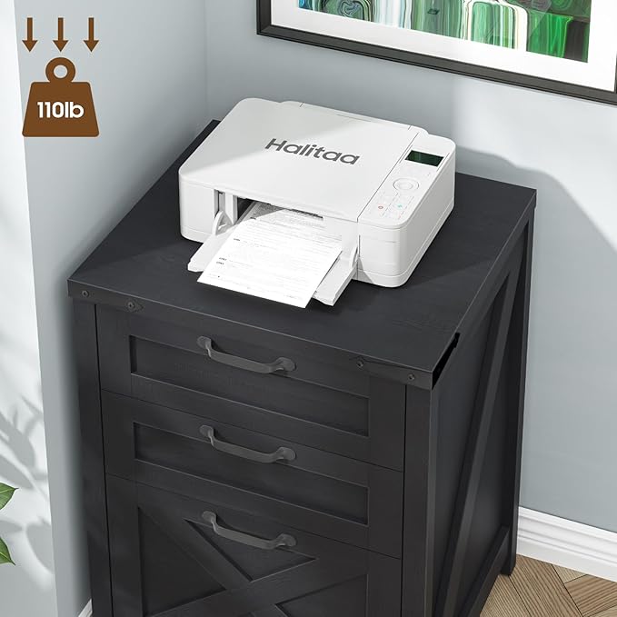 3 Drawer Small File Cabinet, Farmhouse Vertical Filing Cabinet Fits Letter and A4 Size, Under Desk Wooden File Cabinets for Home Office, Printer Stand, Black