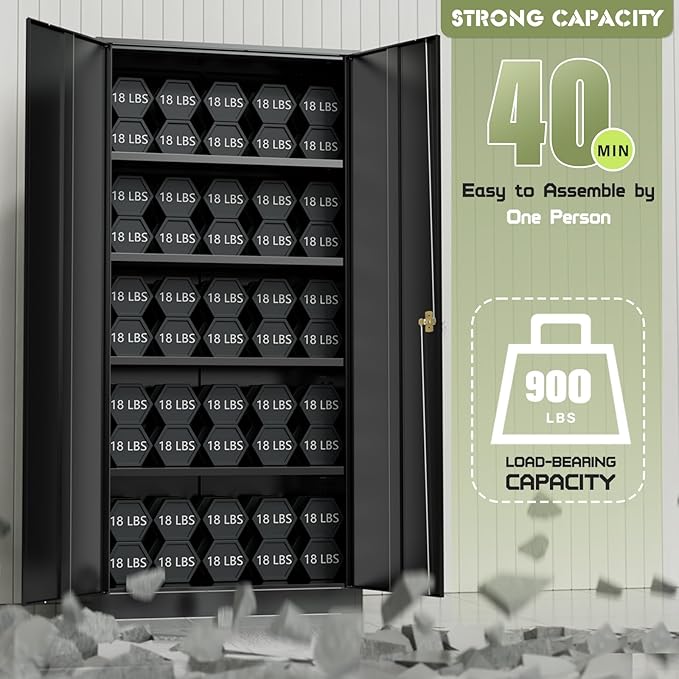 Oakcloud 72" Metal Storage Cabinet Tool Organizer, Lockable Garage Storage Tool Cabinets for Office, Home, School, Locking File Cabinet with 2 Doors and 4 Adjustable Shelves (72“ Wide-Black)