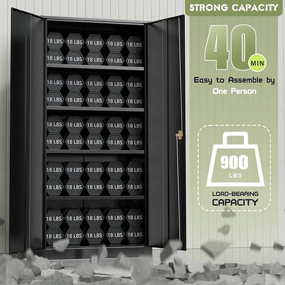 Oakcloud 72" Metal Storage Cabinet Tool Organizer, Lockable Garage Storage Tool Cabinets for Office, Home, School, Locking File Cabinet with 2 Doors and 4 Adjustable Shelves (72“ Wide-Black)