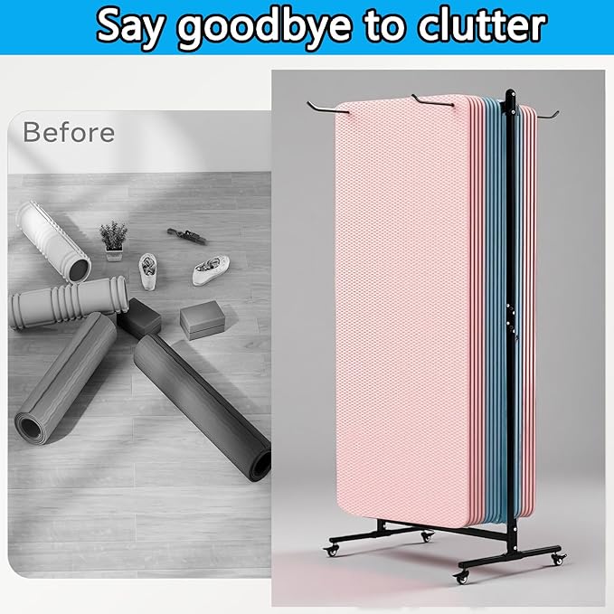 YTLEMON Yoga Mat Holder Hanging, Floor Rolling Yoga Mat cart, Large Capacity Storage Rack, with Includes hole punch, Metal square tube storage shelf for Home Gym, Fitness Club,Yoga Studio (Black)