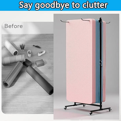 YTLEMON Yoga Mat Holder Hanging, Floor Rolling Yoga Mat cart, Large Capacity Storage Rack, with Includes hole punch, Metal square tube storage shelf for Home Gym, Fitness Club,Yoga Studio (Black)