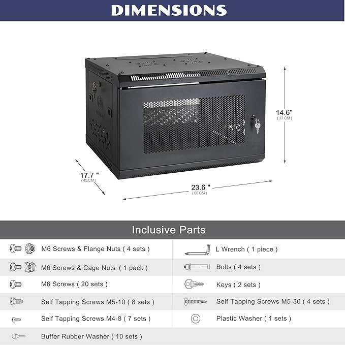 6U Wall Mount Server Cabinet with A Lockable Front Vented Door, Cooling Fans, Removable Side Panels - 45cm Depth, 19" Network Rack Including Full-Size Rack Shelf for IT Equipment