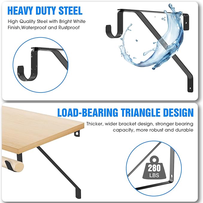 Pisman 10 Inch Heavy Duty Closet Rod Bracket Adjustable 4-Pack, Closet Rod Support with Shelf Bracket and Rod Holders - Black Steel Clothes Hanger for Bedroom, Laundry Room Storage