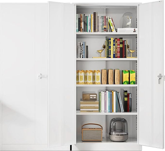 Greenvelly Metal Lockable Storage Cabinet, 72” Tall Storage Cabinet with 2 Doors and 4 Adjustable Shelves for Office, Home, Garage, Pantry (Assembly Required, 18”D, White)