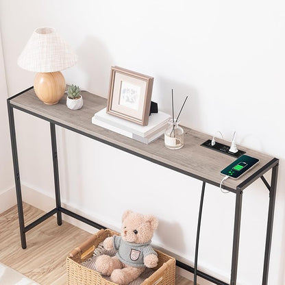 Console Table, Narrow Sofa Table, 43.3” Entrance Table with Power Station, Behind Couch Table, Simple Style, for Living Room, Hallway, Entryway, Foyer, Greige and Black CTHG112E01