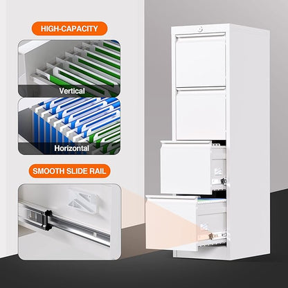 Metal Vertical File Cabinet with Lock,File Cabinet with 4 Drawer for Letter,Legal,F4,A4,14.96" W x 17.72" D x 52.36" H, Assembly Required,White