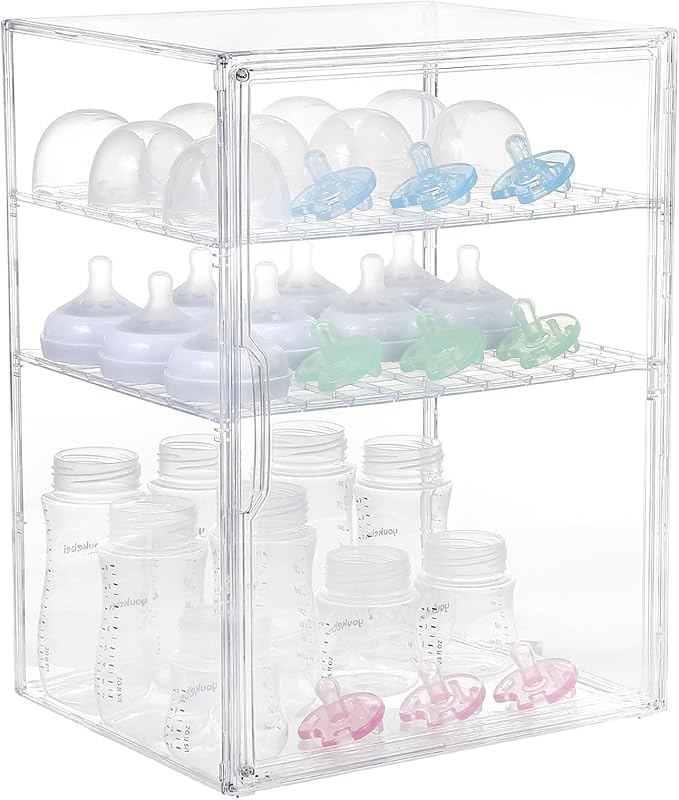 YESGIRL 3-Tier Clear Baby Bottle Organizer,Clear Stackable Acrylic Storage With Drawer for Countertop Cabine Storage Station Case Box Container for Nipples Pump Parts Food Jars