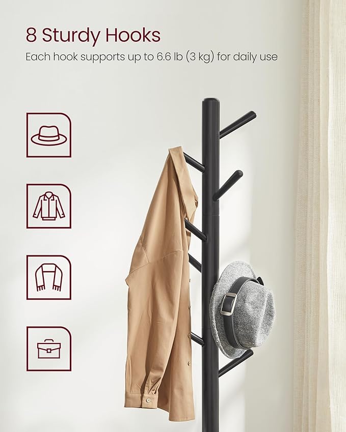 VASAGLE Solid Wood Coat Rack, Free Standing Tree-Shaped Coat Rack with 8 Hooks, 3 Height Options, for Clothes, Hats, Bags, Living Room, Bedroom, Home Office, Black URCR04BK